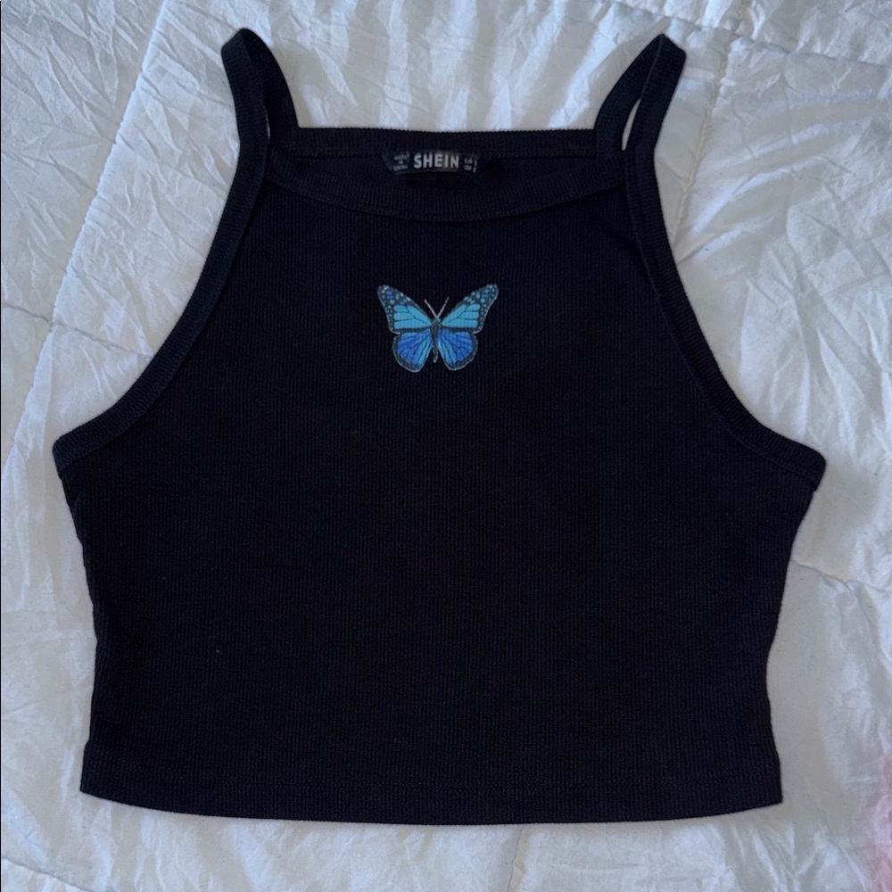 SHEIN Black Crop Top with Vibrant Blue Butterfly
